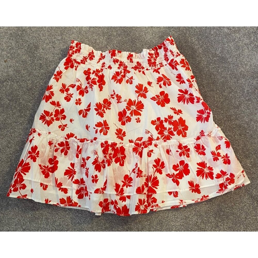 J.Crew Reimagined Flare Skirt Short Red White Floral Smocked Waist Cotton Large